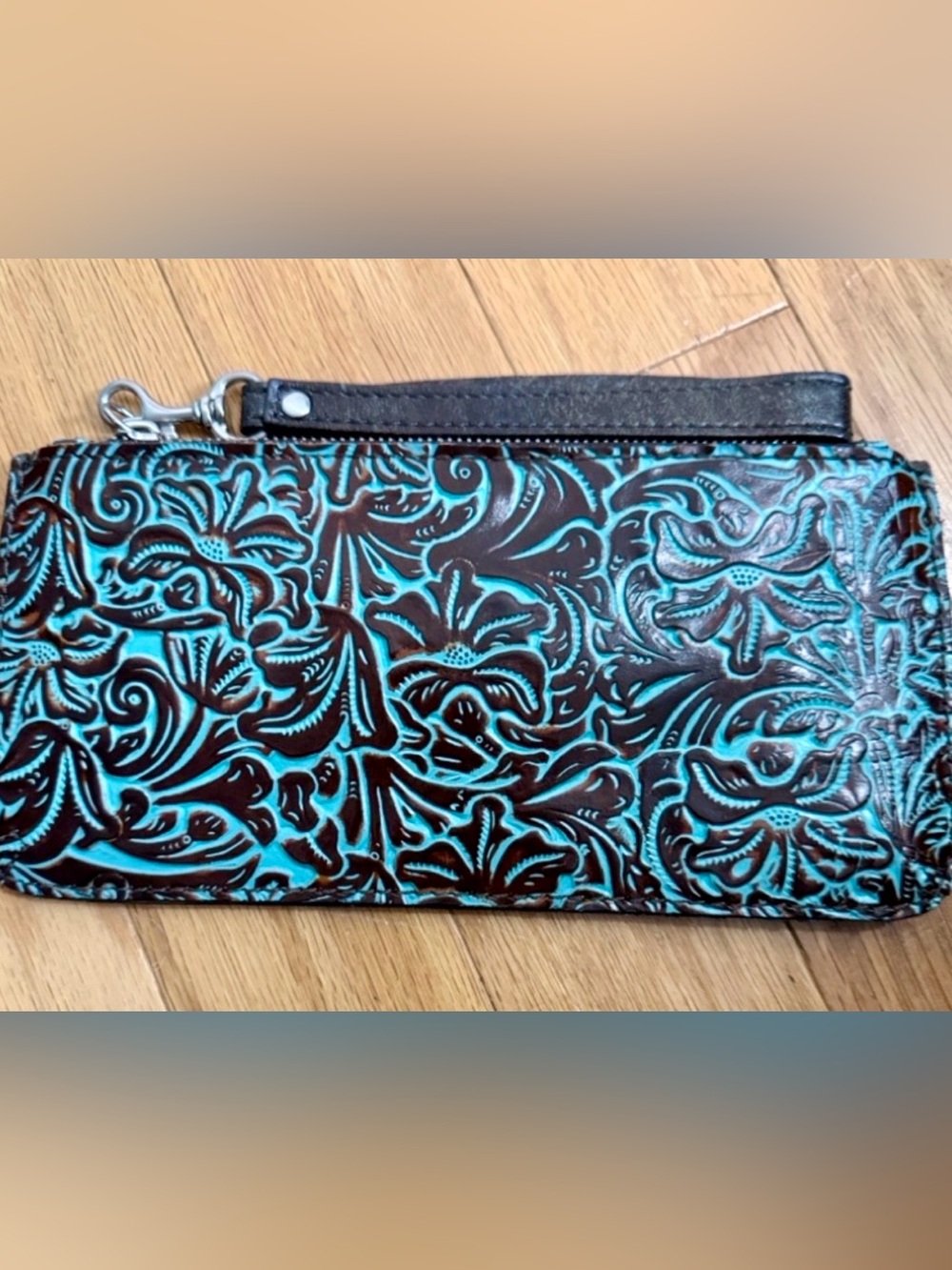 Patricia Nash Turquoise and Brown Embossed Leather Wristlet Clutch